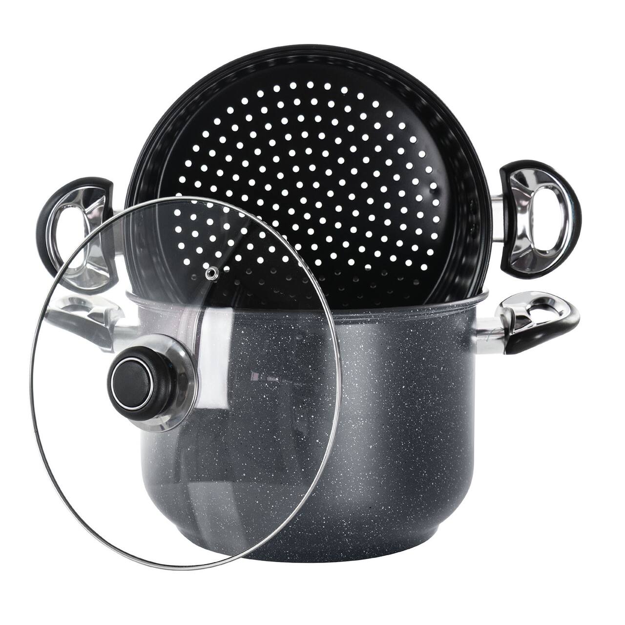 Gibson Home® Leighton 3-Piece 8.5qt. Black Nonstick Steel Pasta Pot with Steamer